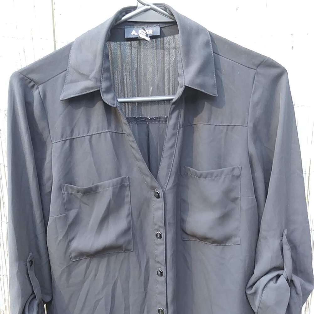 A. Byer Sheer Black Button Down V-Neck Blouse Top Shirt with Pockets- S